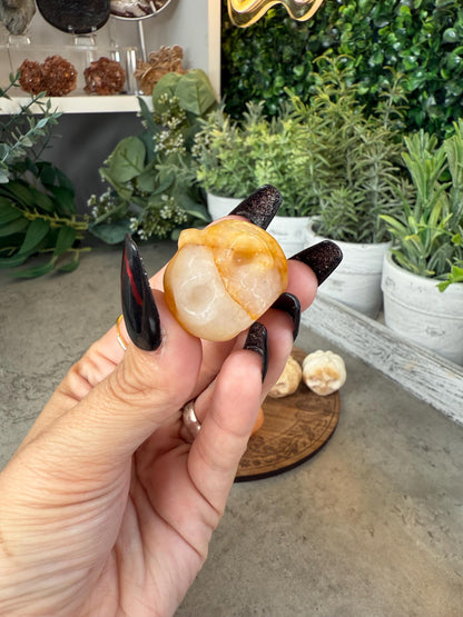 Jack-o-lantern Pumpkim Mini Crystal Carvings Fire Quartz, Golden Healer, and Yellow Calcite