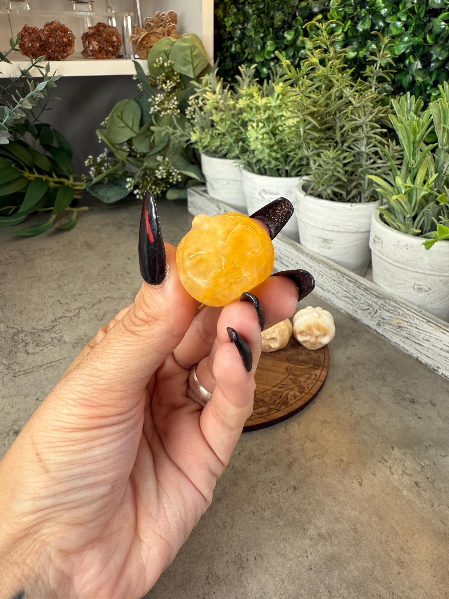 Jack-o-lantern Pumpkim Mini Crystal Carvings Fire Quartz, Golden Healer, and Yellow Calcite