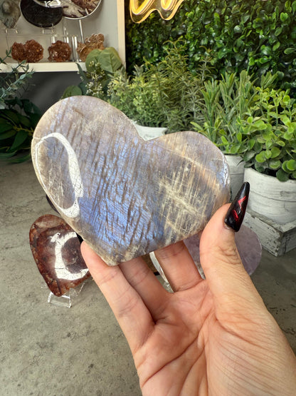 Crystal Heart Carvings in Moonstone, Amethyst, Ruby Zoisite, Amethyst Agate, and Fire Quartz