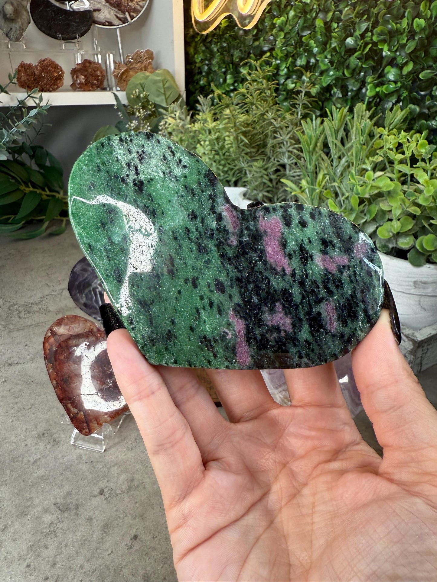 Crystal Heart Carvings in Moonstone, Amethyst, Ruby Zoisite, Amethyst Agate, and Fire Quartz