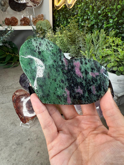Crystal Heart Carvings in Moonstone, Amethyst, Ruby Zoisite, Amethyst Agate, and Fire Quartz