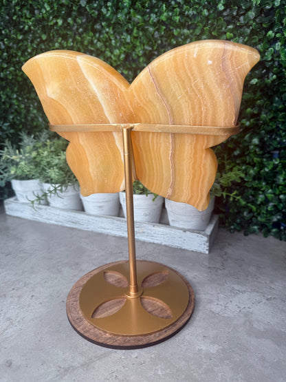 Calcite Butterfly Crystal Carving: Honey Orange Gemstone with Golden Stand