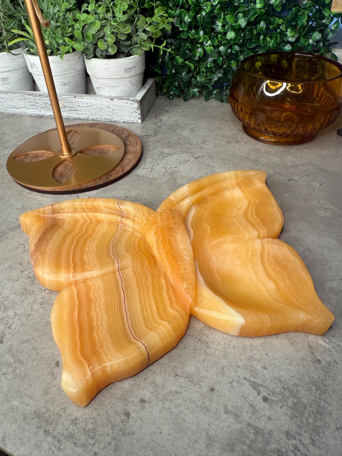 Calcite Butterfly Crystal Carving: Honey Orange Gemstone with Golden Stand