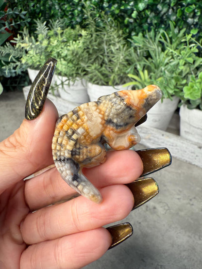 Crystal Crocodile Carving: Rose Quartz, Tiger's Eye, Agate
