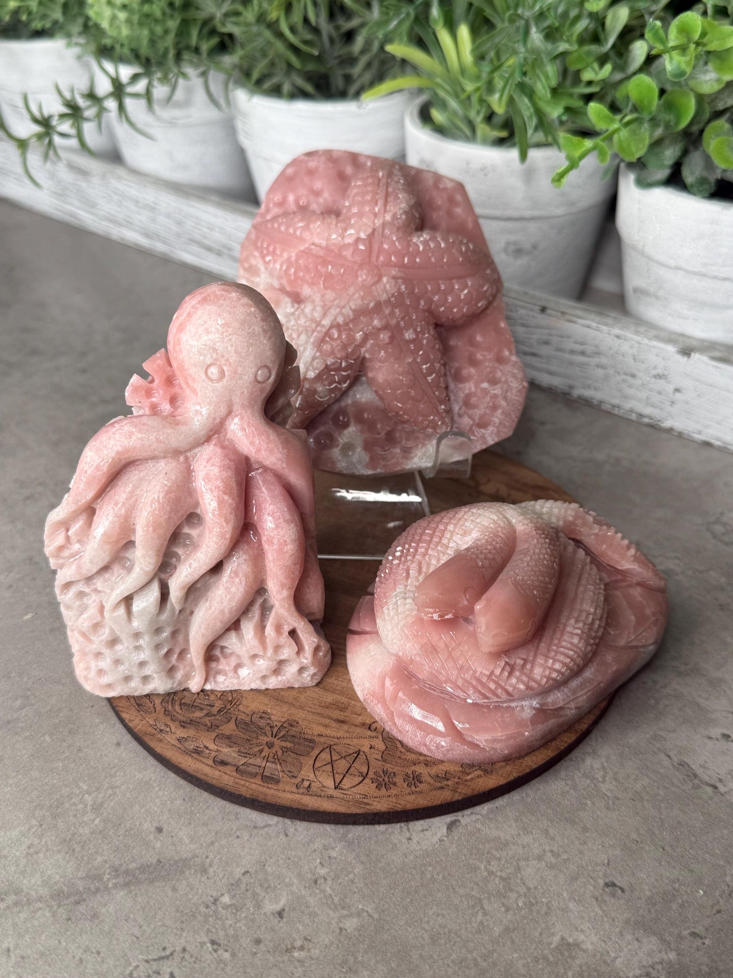 Hand Carved Pink Opal Crystal: Octopus, Starfish, Snake
