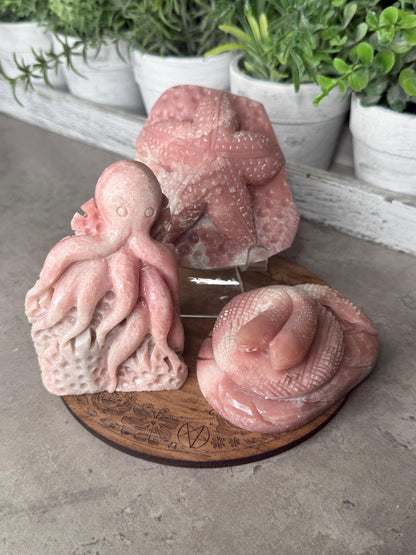 Hand Carved Pink Opal Crystal: Octopus, Starfish, Snake