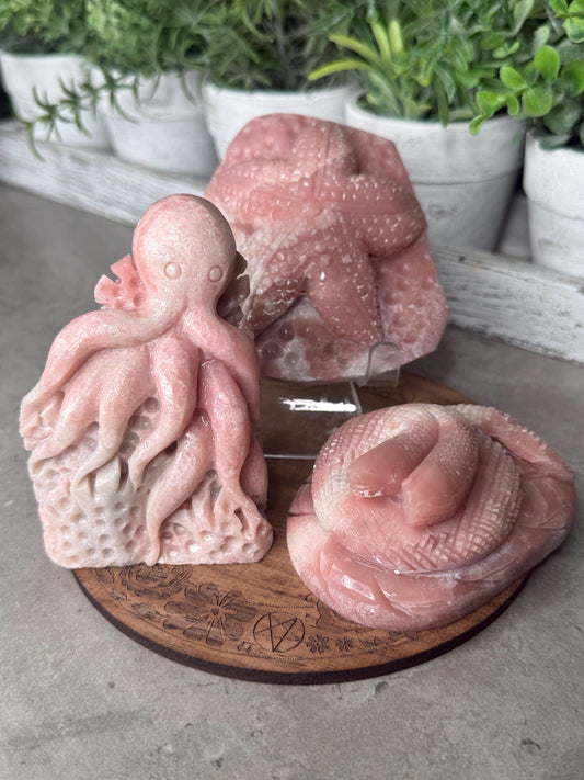 Hand Carved Pink Opal Crystal: Octopus, Starfish, Snake