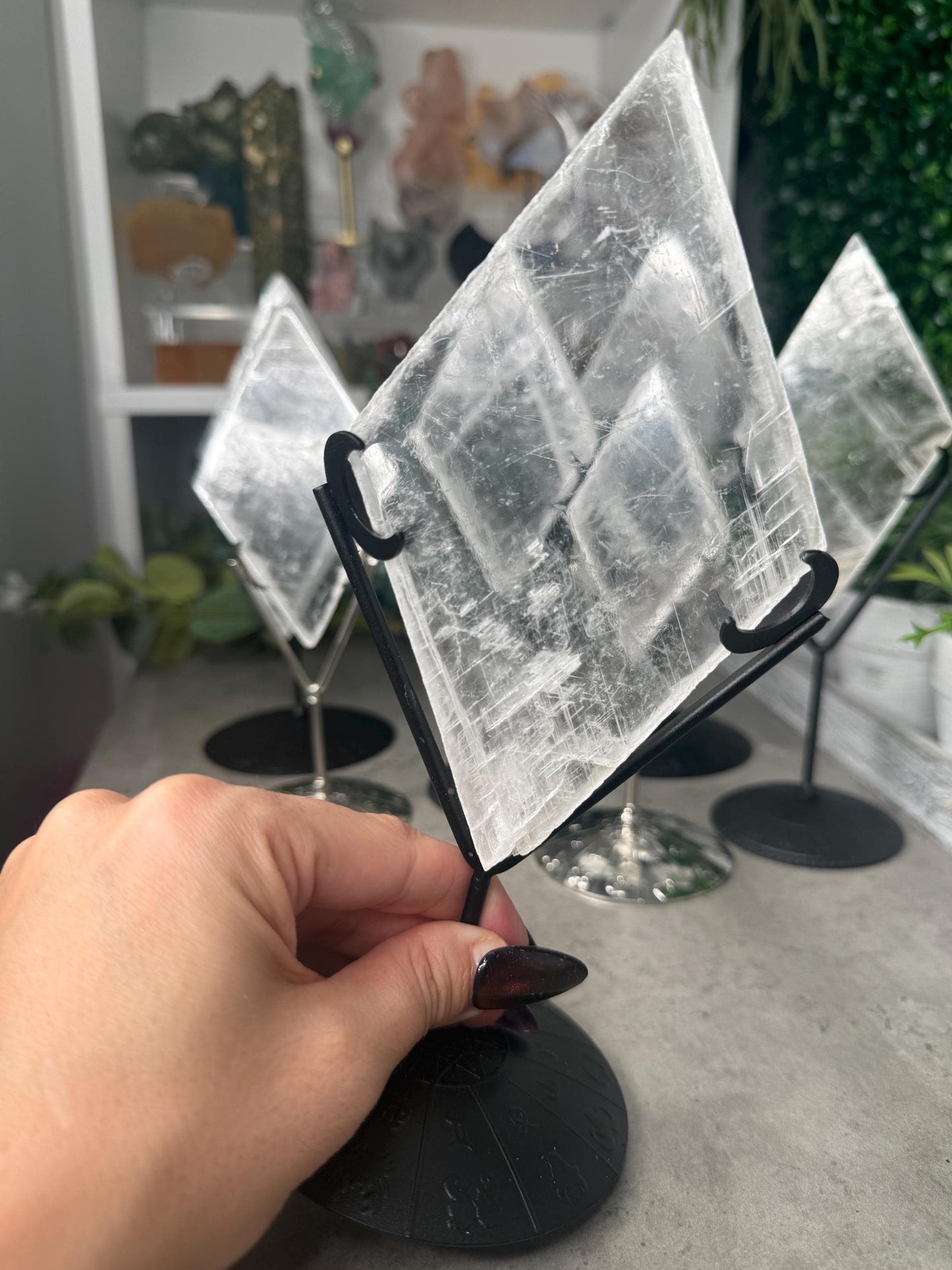 Selenite Rhombus Diamond Crystal Carving on Silver Stand