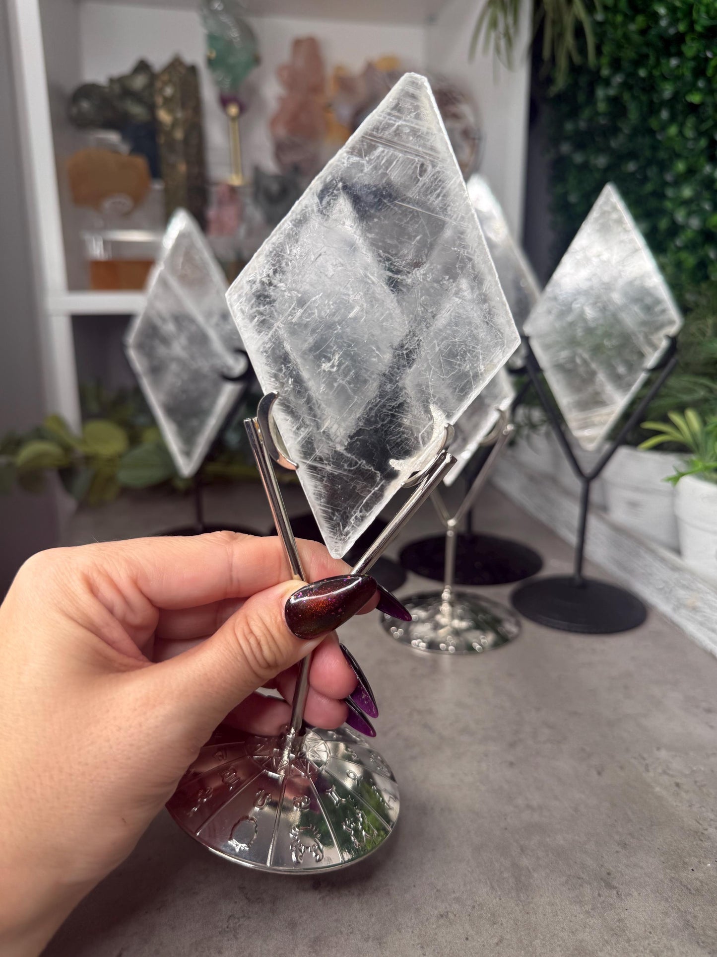 Selenite Rhombus Diamond Crystal Carving on Silver Stand