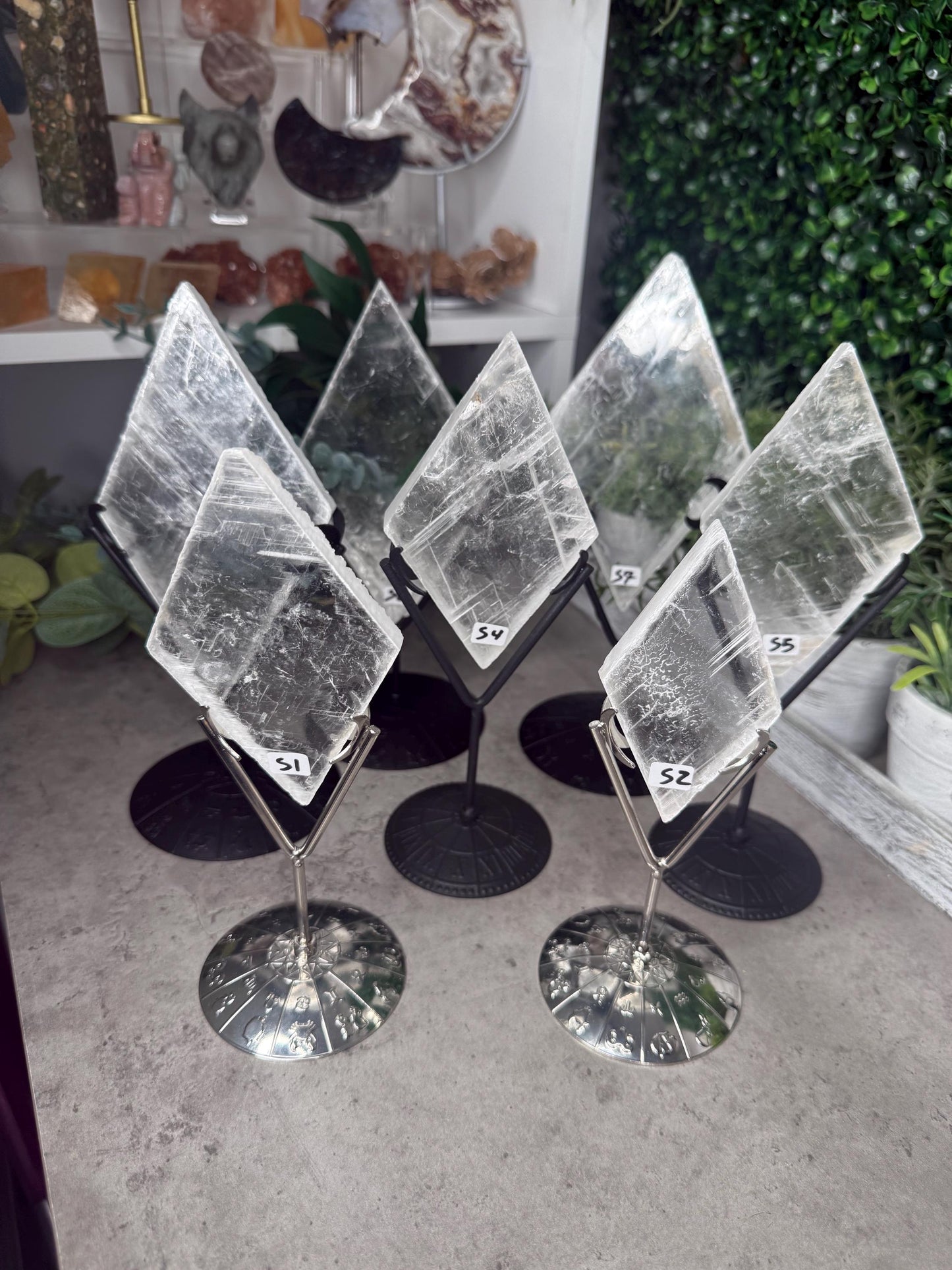 Selenite Rhombus Diamond Crystal Carving on Silver Stand