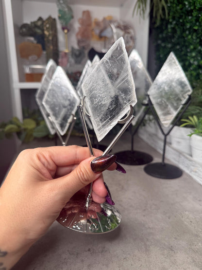 Selenite Rhombus Diamond Crystal Carving on Silver Stand