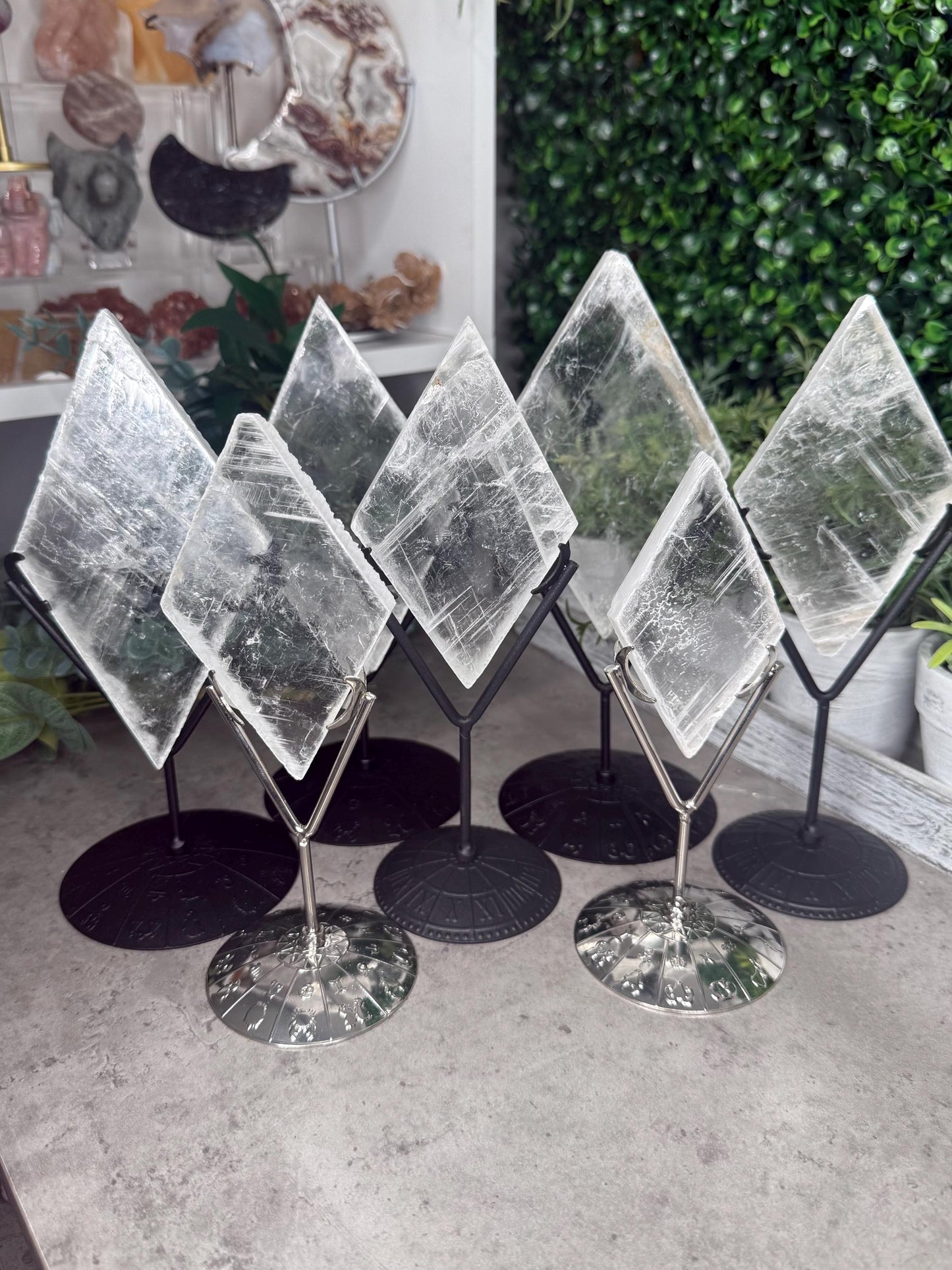Selenite Rhombus Diamond Crystal Carving on Silver Stand