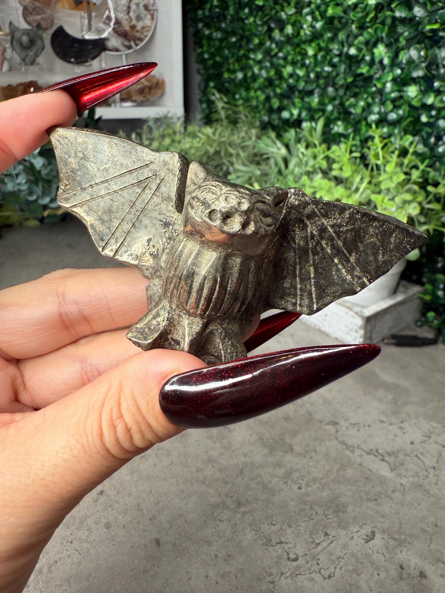 Pyrite & Obsidian Crystal Bat Carvings on stands