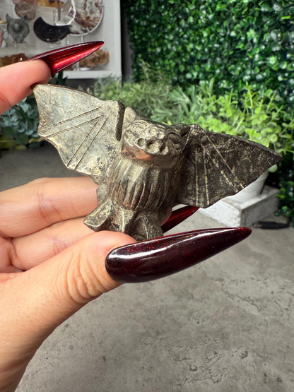 Pyrite & Obsidian Crystal Bat Carvings on stands