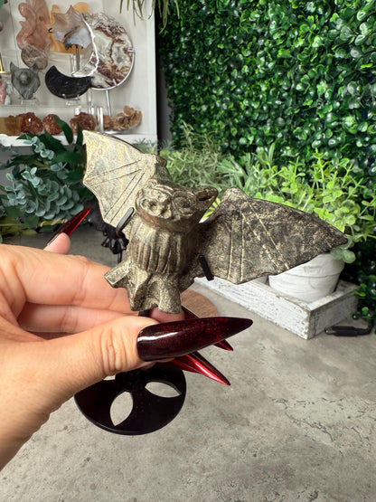 Pyrite & Obsidian Crystal Bat Carvings on stands