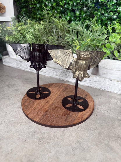 Pyrite & Obsidian Crystal Bat Carvings on stands