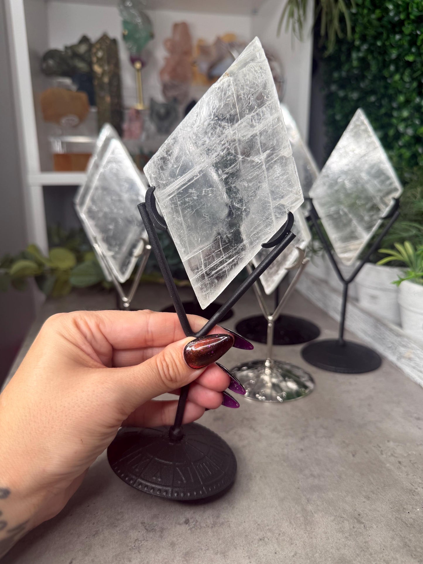 Selenite Rhombus Diamond Crystal Carving on Silver Stand