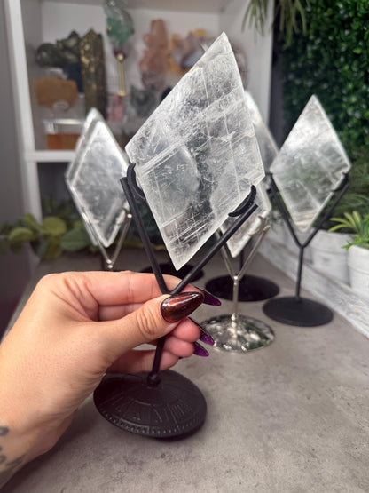 Selenite Rhombus Diamond Crystal Carving on Silver Stand