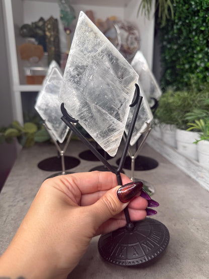 Selenite Rhombus Diamond Crystal Carving on Silver Stand