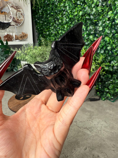Pyrite & Obsidian Crystal Bat Carvings on stands