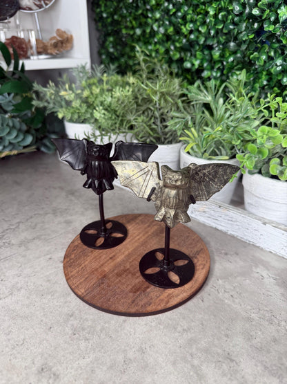 Pyrite & Obsidian Crystal Bat Carvings on stands