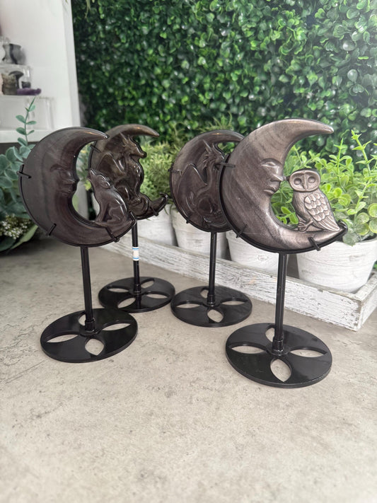 Gold & Silver Sheen Obsidian Moon Carvings On Stands - Owl - Wolf - Dragon