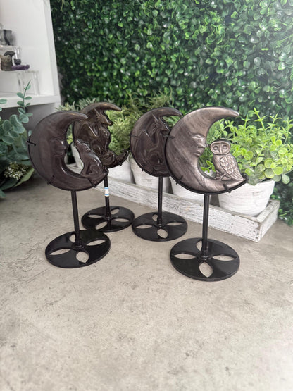 Gold & Silver Sheen Obsidian Moon Carvings On Stands - Owl - Wolf - Dragon