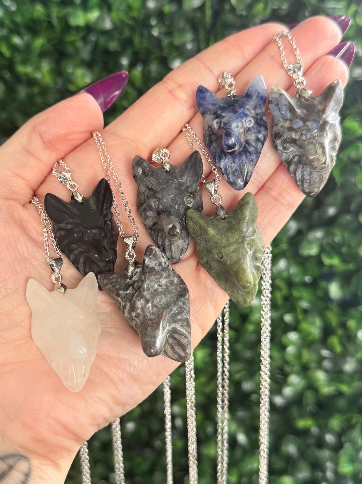 Wolf Head Crystal Carving Pendants with Chain