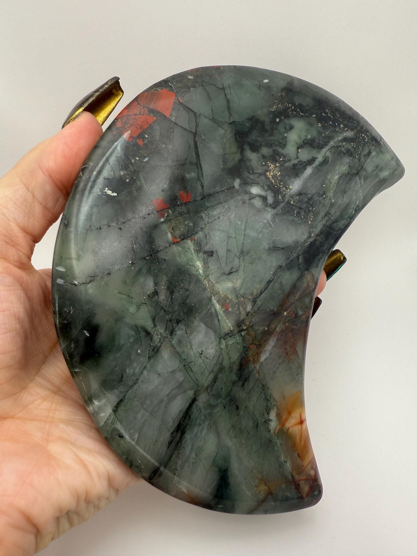 Large African Bloodstone Moon Crystal Carving with Black Stand