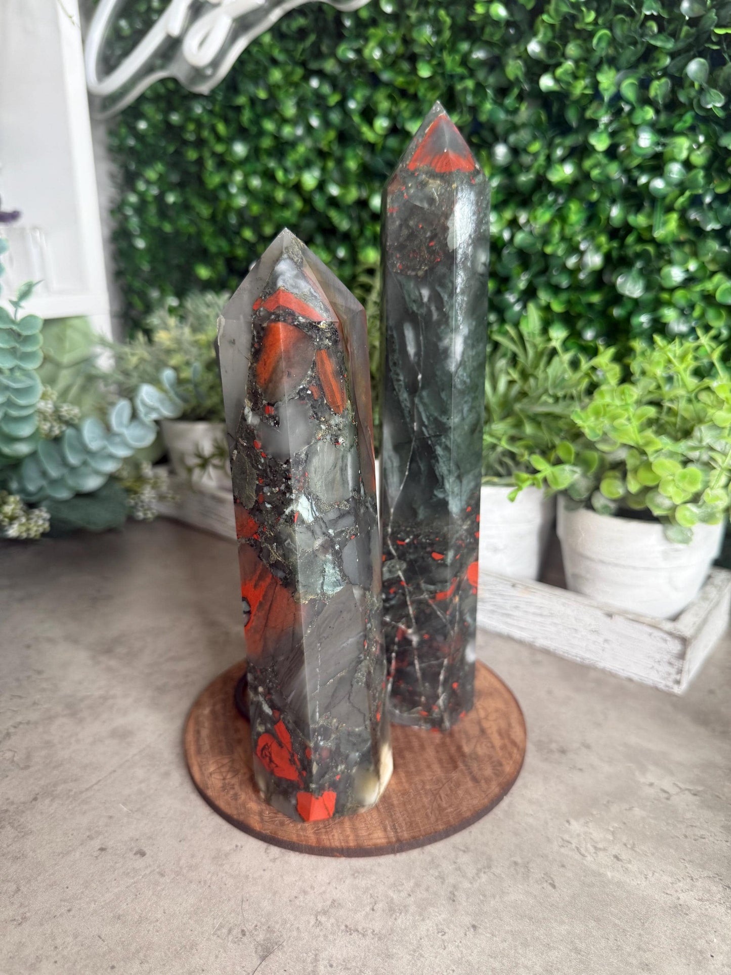 African Bloodstone Towere and Wand Crystal Carvings