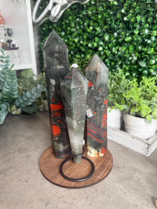 African Bloodstone Towere and Wand Crystal Carvings