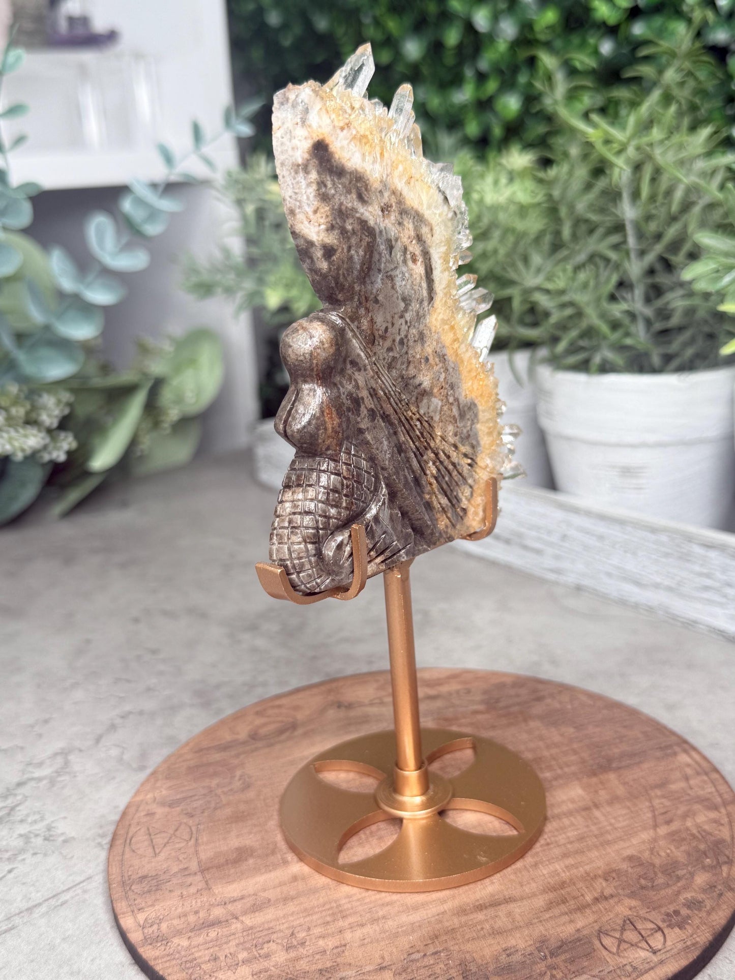 Clear Quartz Cluster Mermaid crystal carving with custom stand - 132g