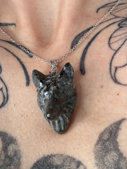 Wolf Head Crystal Carving Pendants with Chain