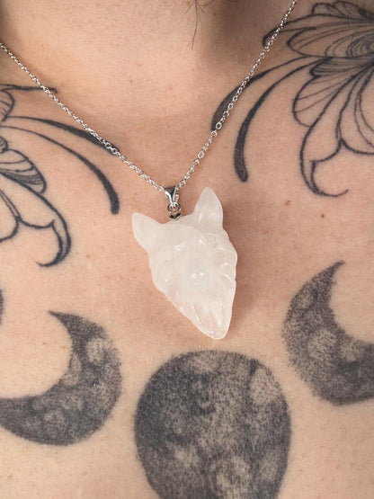 Wolf Head Crystal Carving Pendants with Chain