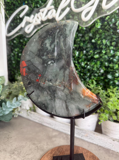 Large African Bloodstone Moon Crystal Carving with Black Stand