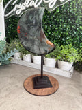 Large African Bloodstone Moon Crystal Carving with Black Stand
