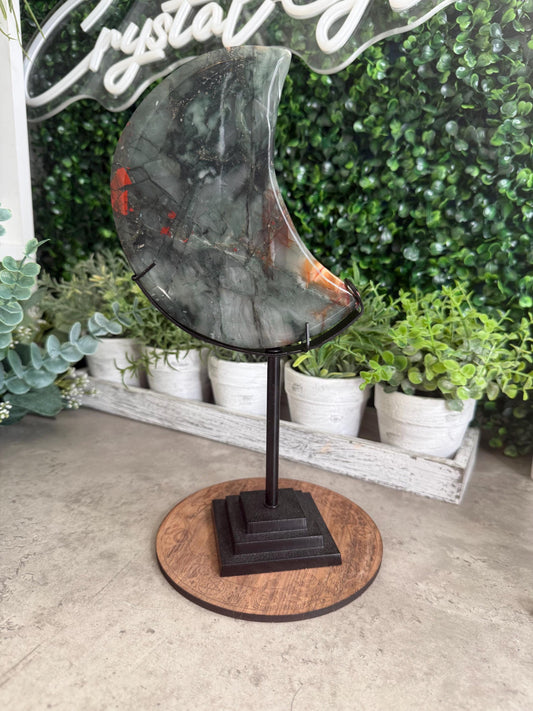Large African Bloodstone Moon Crystal Carving with Black Stand