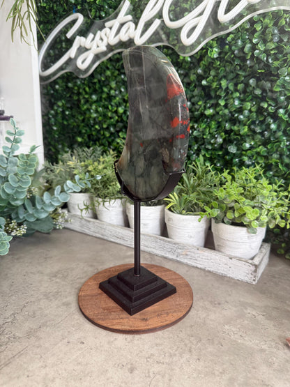 Large African Bloodstone Moon Crystal Carving with Black Stand