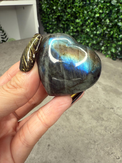 Flashy Labradorite Heart Crystal Carvings With Stands