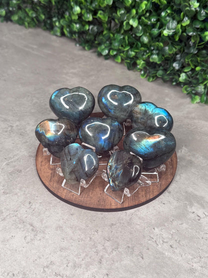 Flashy Labradorite Heart Crystal Carvings With Stands