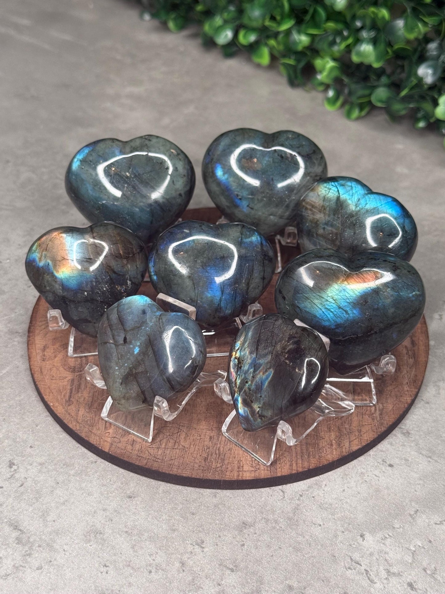 Flashy Labradorite Heart Crystal Carvings With Stands