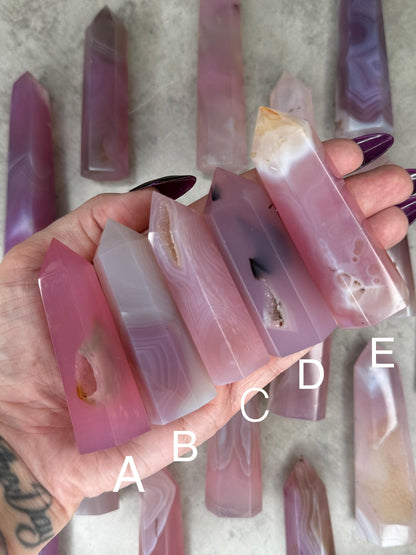 Pink Jelly Agate Tower: Druzy Crystal Point