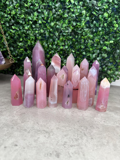 Pink Jelly Agate Tower: Druzy Crystal Point
