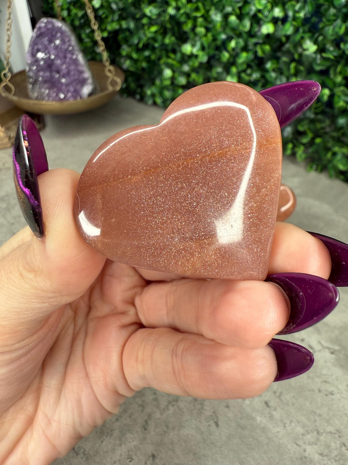 High Flash Peach Moonstone Heart with Gold Sunstone and Moonstone Flash