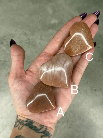 High Flash Peach Moonstone Heart with Gold Sunstone and Moonstone Flash