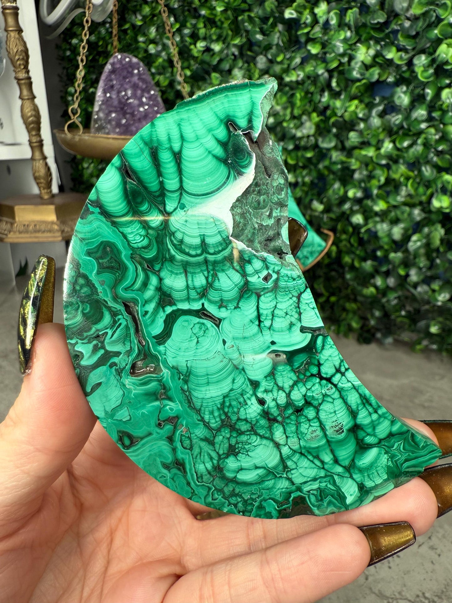 Malachite Crystal Moon carvings with Gold Stands