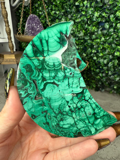 Malachite Crystal Moon carvings with Gold Stands