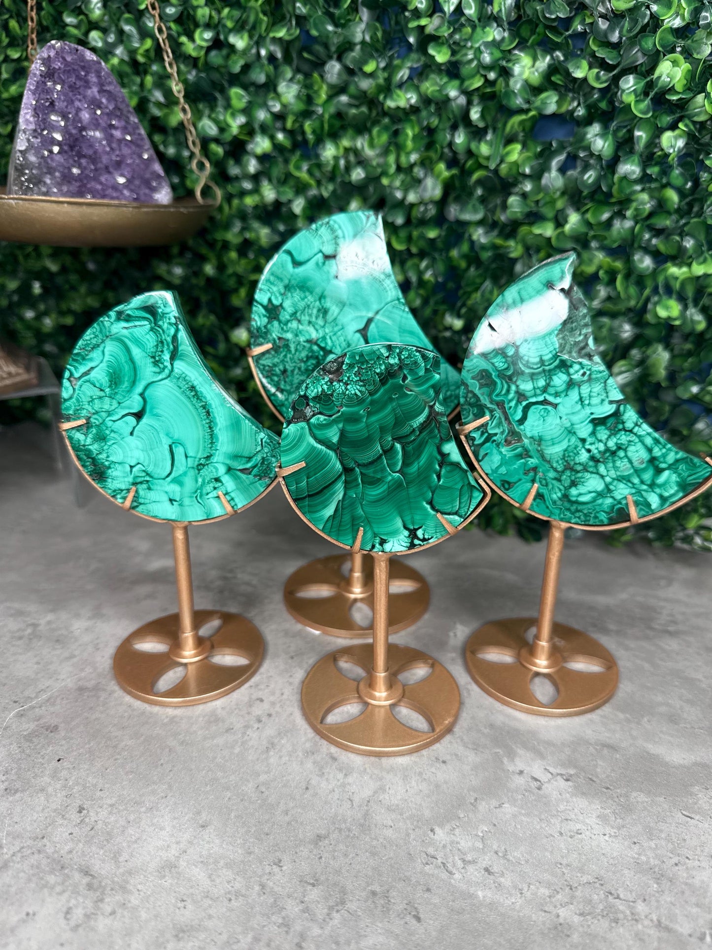 Malachite Crystal Moon carvings with Gold Stands