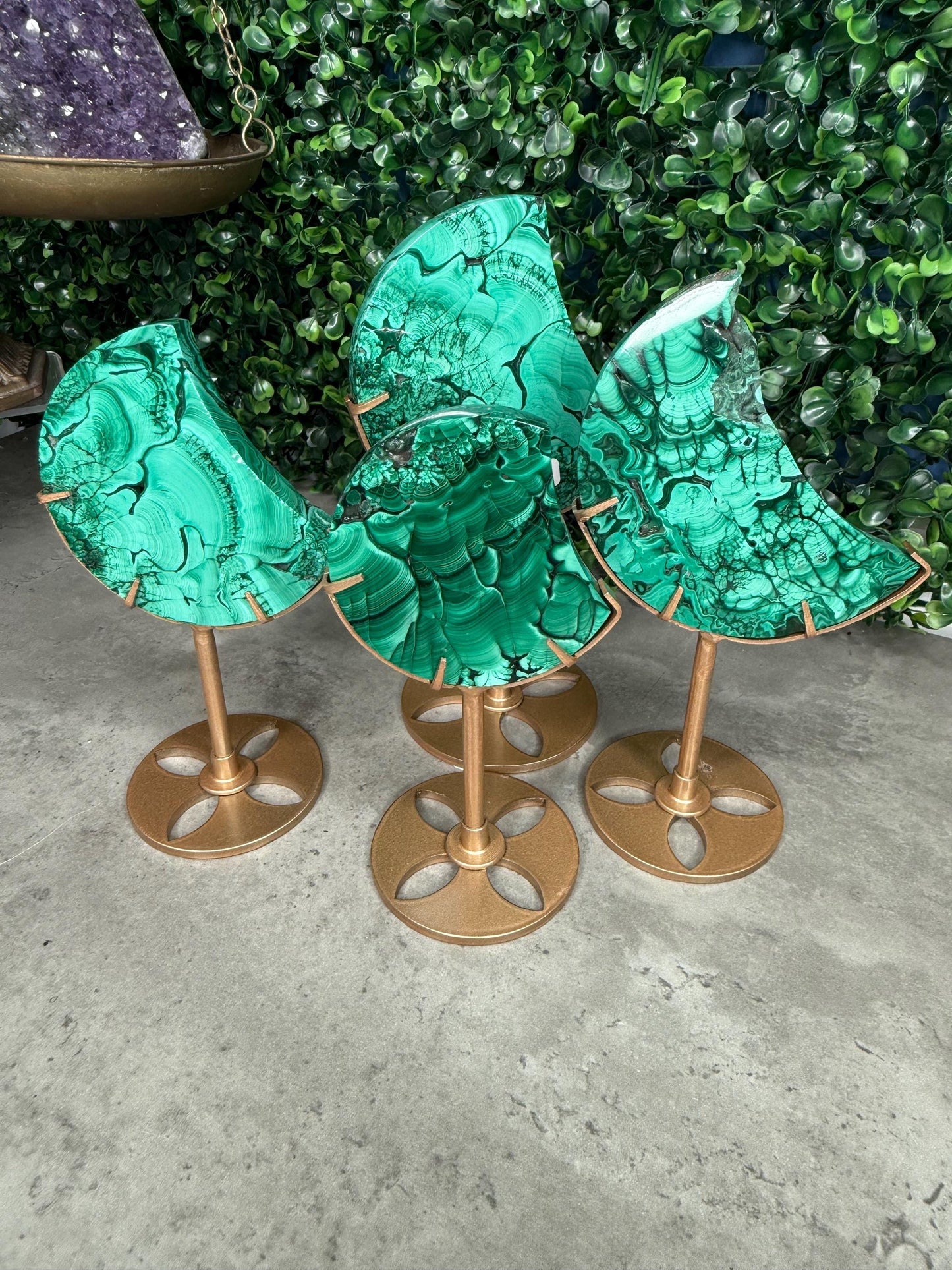 Malachite Crystal Moon carvings with Gold Stands