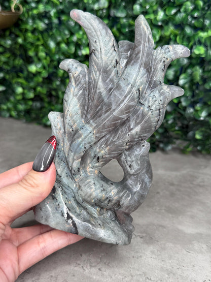 AAA Pink Labradorite Nine Tailed Fox Crystal Carving  386g